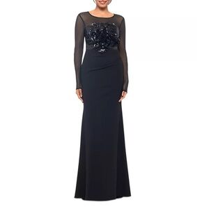 Betsy & Adam - Sequined‎ Rosette Illusion Gown